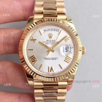 (EW) Clone ETA3255 Rolex Day-Date II Silver Dial Roman Watch 41mm Gold Case